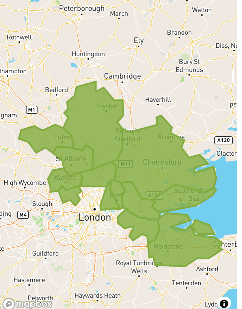 Service coverage map showing London and surrounding areas