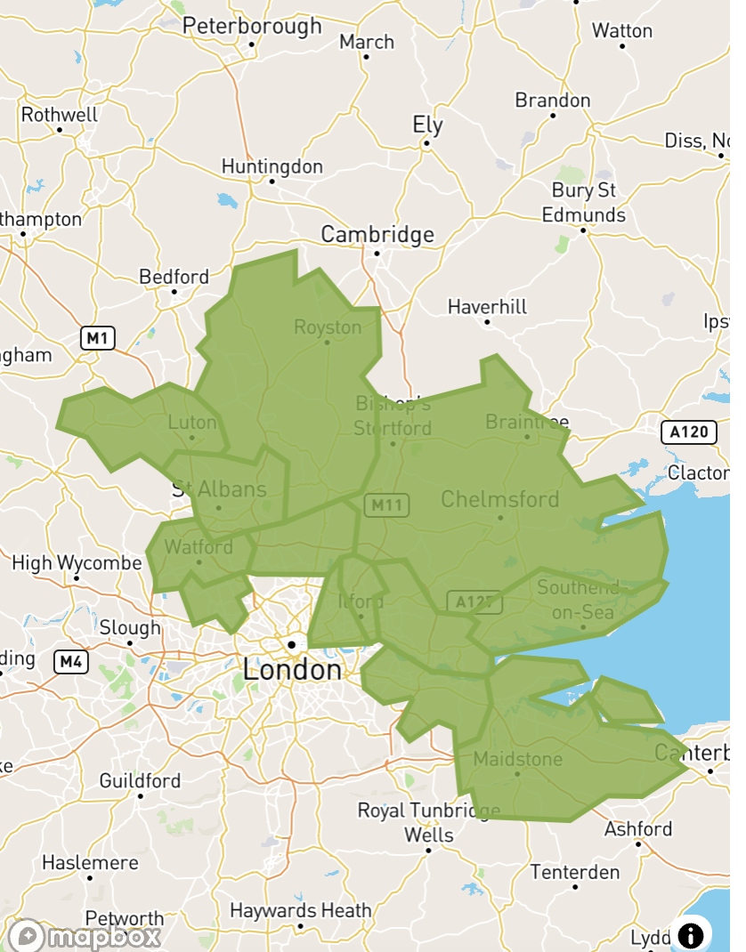 Service coverage map showing London and surrounding areas